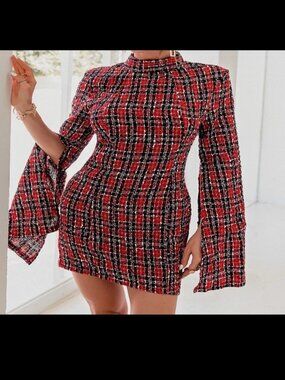 Glamaker Plaid Backless Split Sleeve Tweed Bodycon Dress Womens Size Large